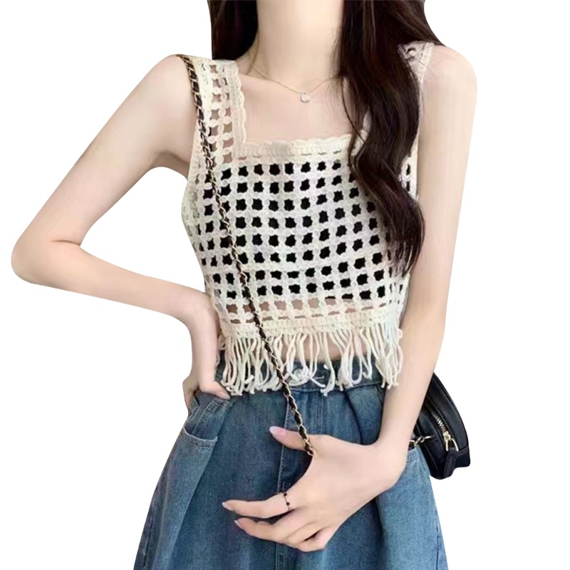 Áo Croptop Dệt Kim Không Tay Viền Tua Rua Thời Trang Cho Nữ