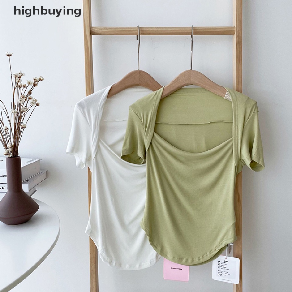 Áo Thun Tay Ngắn Cổ Vuông Màu Sắc Đơn Giản Cho Nữ