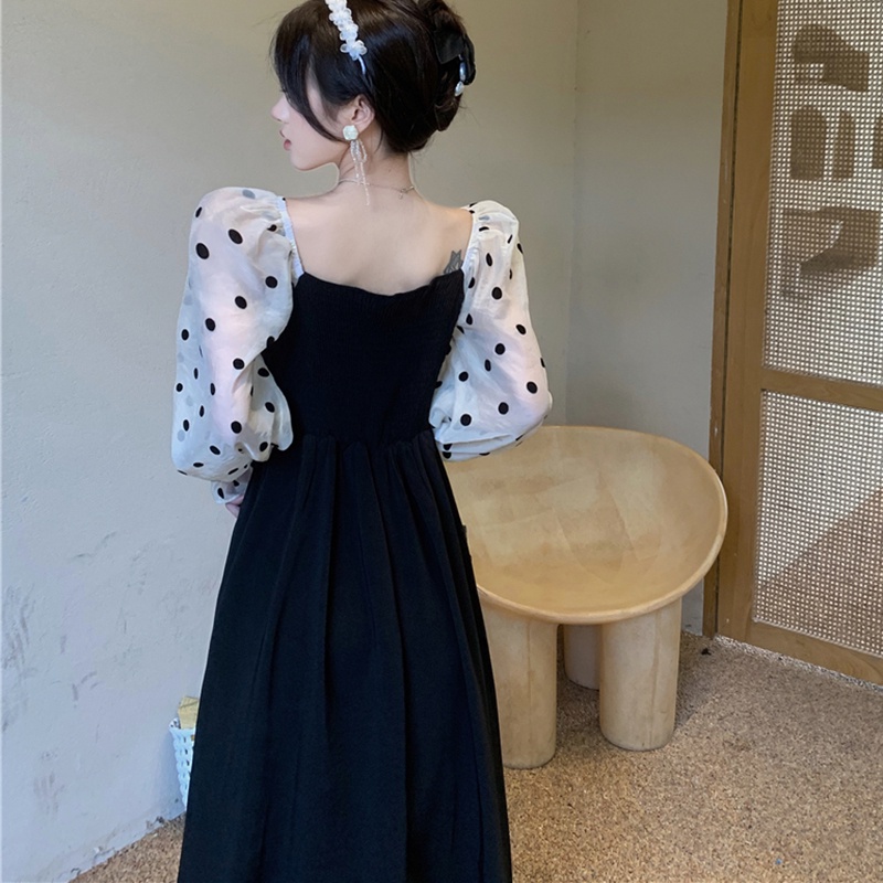 IELGY  Đầm Tay Dài Phối Lưới Dáng Ôm Phong Cách retro Pháp Thanh Lịch Dành Cho Nữ