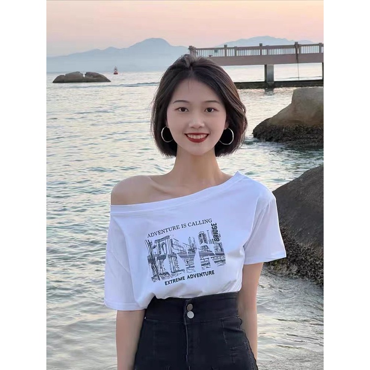 Áo Thun Nữ Trễ Vai Tay Ngắn Dáng Rộng In Hình Thời Trang Mới