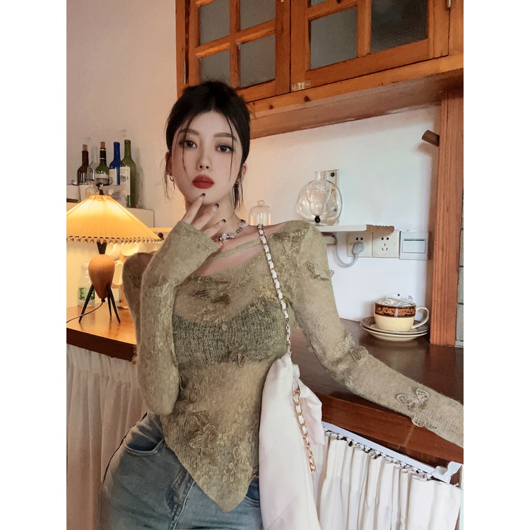 Cocory vn Áo sweater Dệt Kim Tay Dài Khoét Lỗ Phong Cách retro Quyến Rũ Cho Nữ