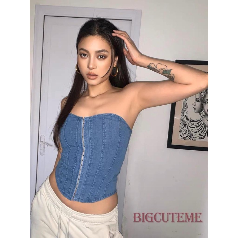 [] - Áo Ống Denim Nữ Hình Xương Cá Thắt Dây Trước Sau Màu Xanh Dương Y2K Phong Cách Hàn Quốc