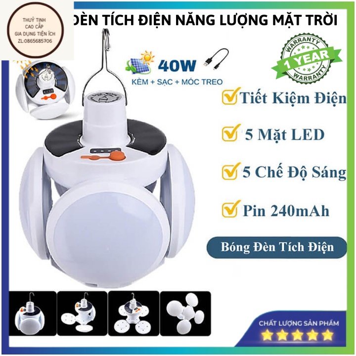 Bóng Đèn Tích Điện 40W , Năng Lượng Mặt Trời 4 Cánh ,Đèn Led Siêu Sáng ,Tiết Kiệm Điện Năng , Chống Nước -Bảo Hành 1 Năm