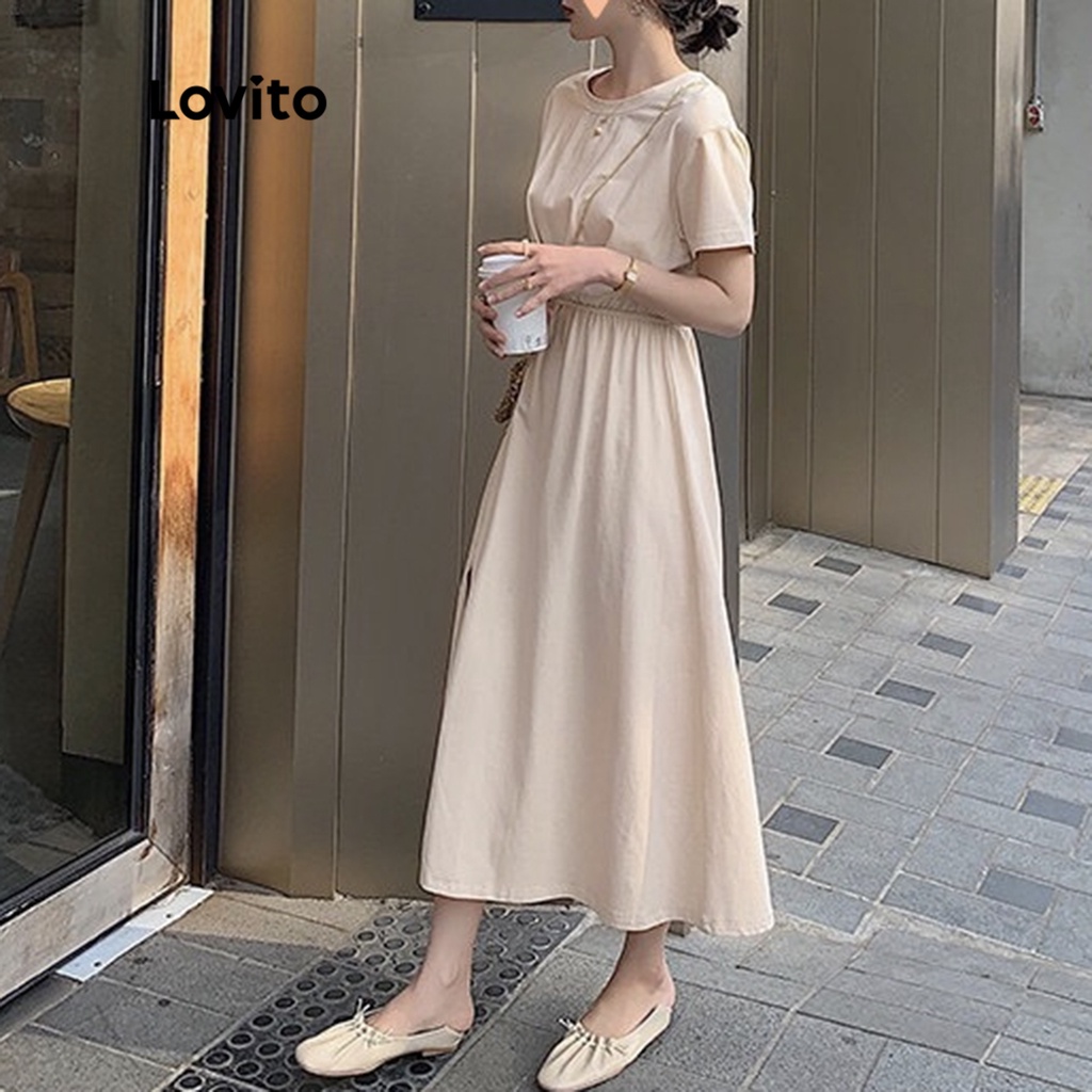 Đầm Lovito chiết eo xẻ tà tay ngắn xếp nếp màu trơn cơ bản cho nữ LNA03070 (màu mơ)