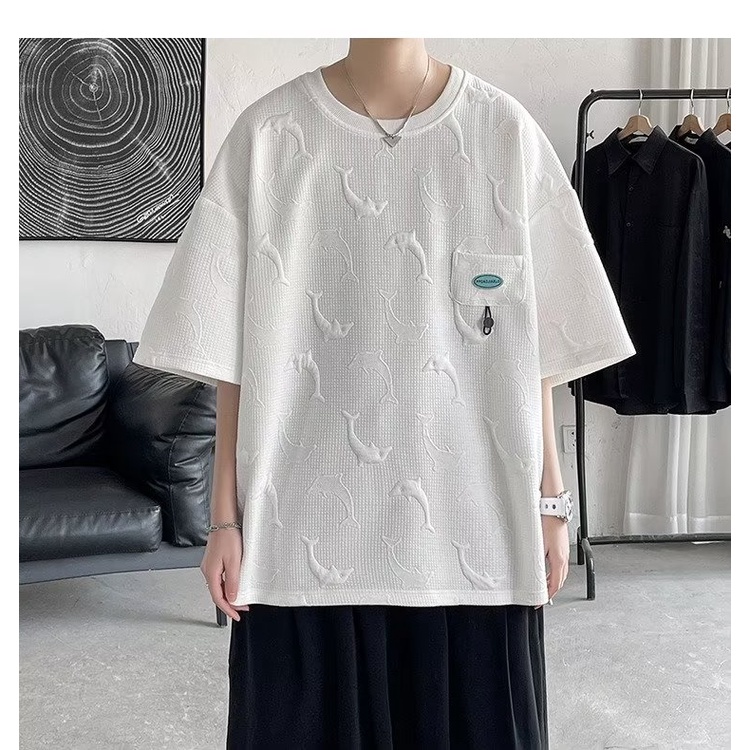 Áo Thun Tay Ngắn Cổ Thuyền Waffle Phong Cách hip hop Đường Phố Hàn Quốc Cho Nam Cỡ Lớn M-3XL