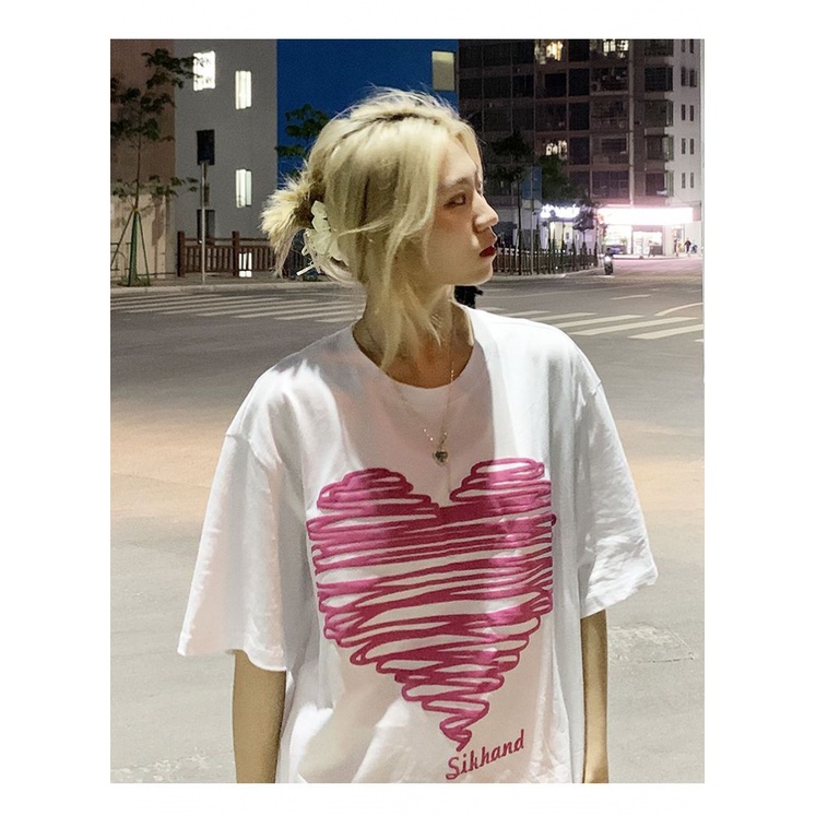 Áo Thun Nữ Ngắn Tay In Hình Trái Tim Phong Cách Mới