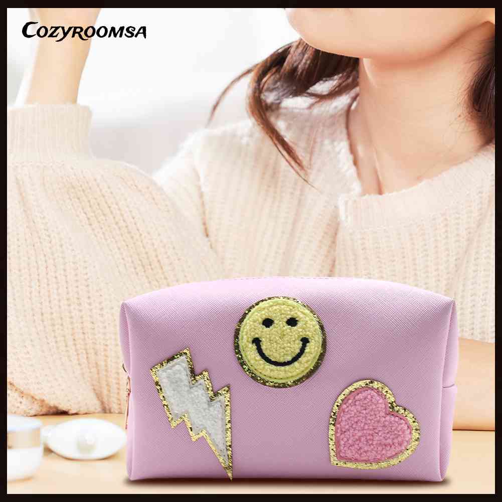 Túi Đựng Mỹ Phẩm Da PU Chống Thấm Nước Họa Tiết Mặt Cười Dễ Thương