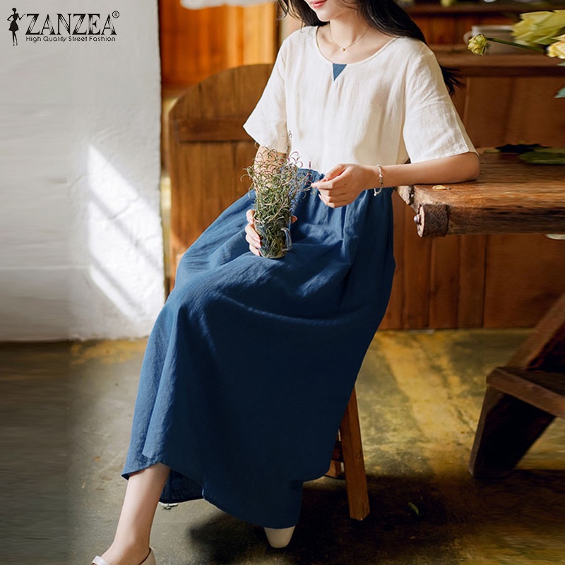 Đầm nữ ZANZEA tay ngắn cổ tròn có túi thời trang