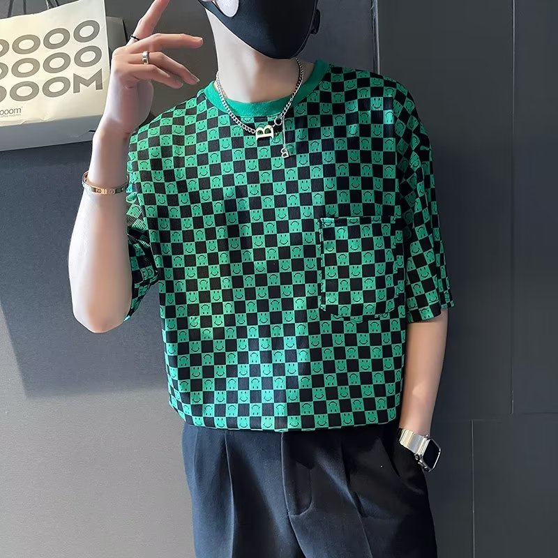 Áo Thun Hip Hop Tay Ngắn Cổ Tròn Họa Tiết Caro Trắng Đen Phong Cách Hàn Quốc Thời Trang Mùa Hè 2023 Cho Nam