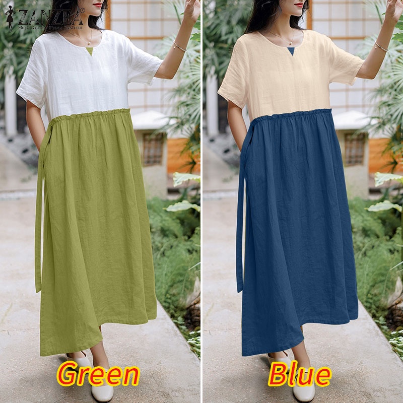 Đầm nữ ZANZEA tay ngắn cổ tròn có túi thời trang