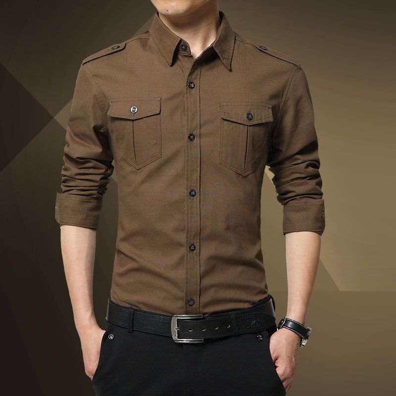 Premium Product STUDIO✨Áo Sơ Mi Nam Tay Dài Màu Trơn Phong Cách Quân Đội Hàn Quốc