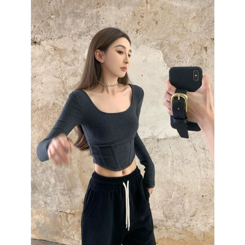 COZOK Áo Thun Tay Dài Cổ Vuông Dáng Ôm Thời Trang Xuân Thu Phong Cách Hàn Quốc Cho Nữ