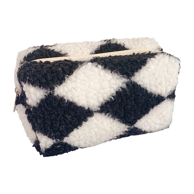 Túi Đựng Đồ Trang Điểm / Bút Chì Sức Chứa Lớn Phối Lông Họa Tiết Sọc Caro Cho Học Sinh