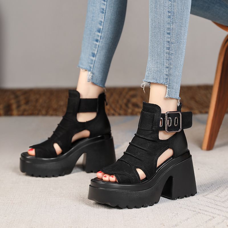 Giày Sandal Cao Gót 10cm Đế Dày Hở Mũi Phong Cách Roman