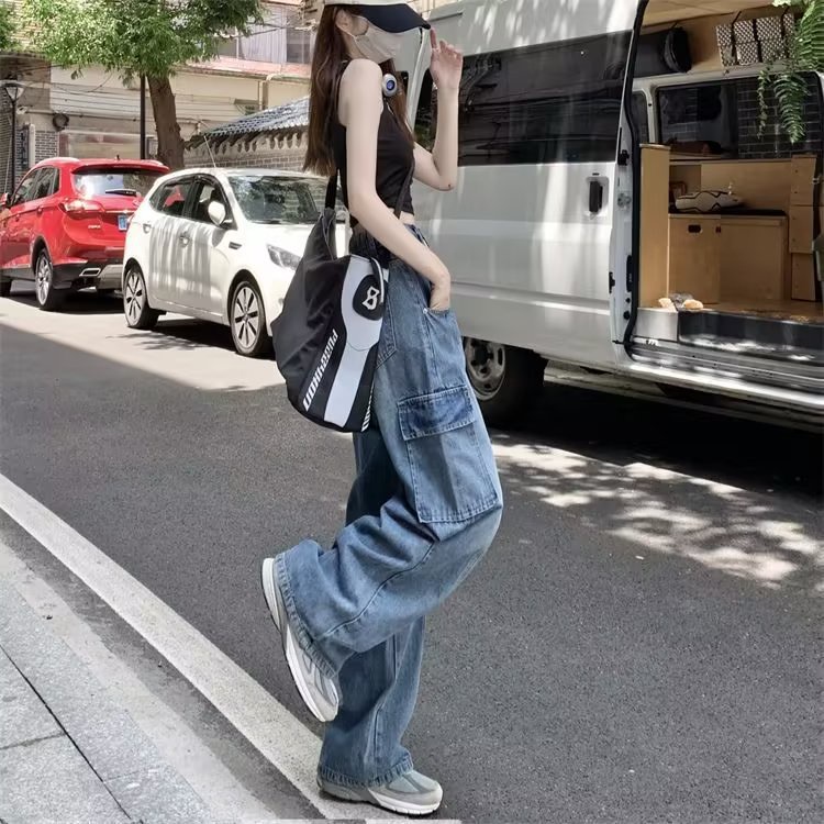 Quần Jean Dài Dáng Suông Ống Đứng Nhiều Túi Phong Cách retro Cho Nữ