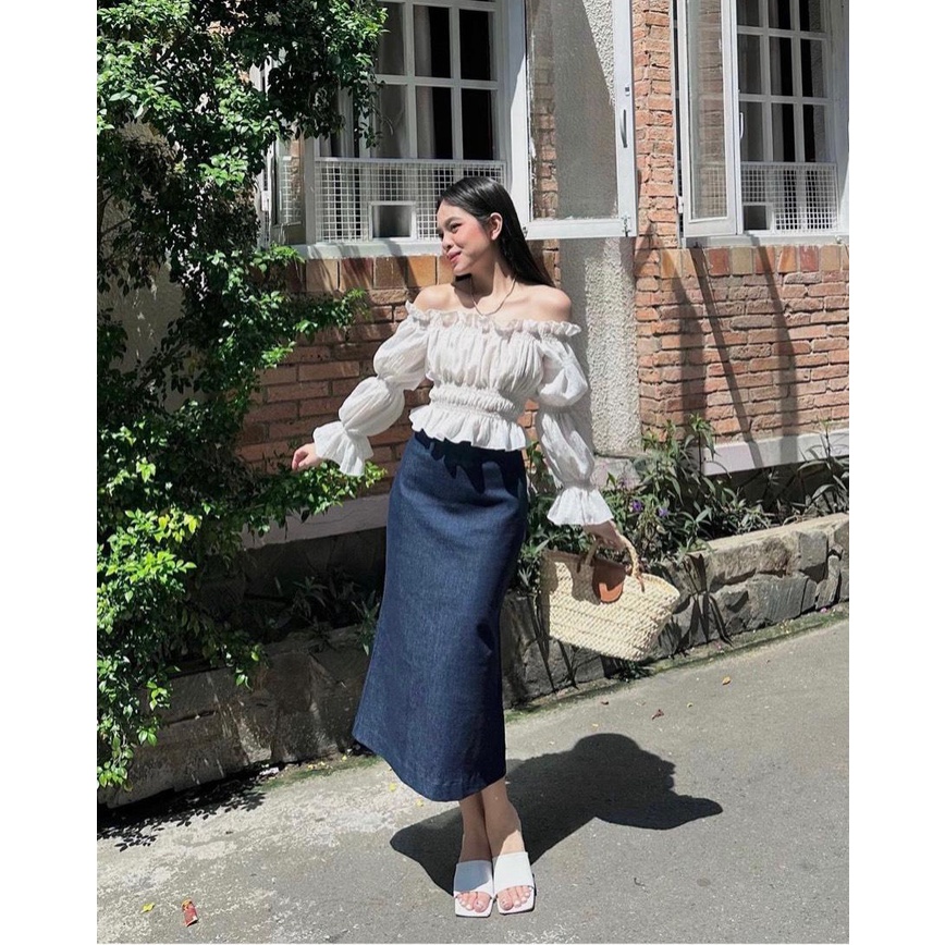 Set áo trắng bẹt vai tay dài+chân váy midi xanh💖 KÈM ẢNH THẬT