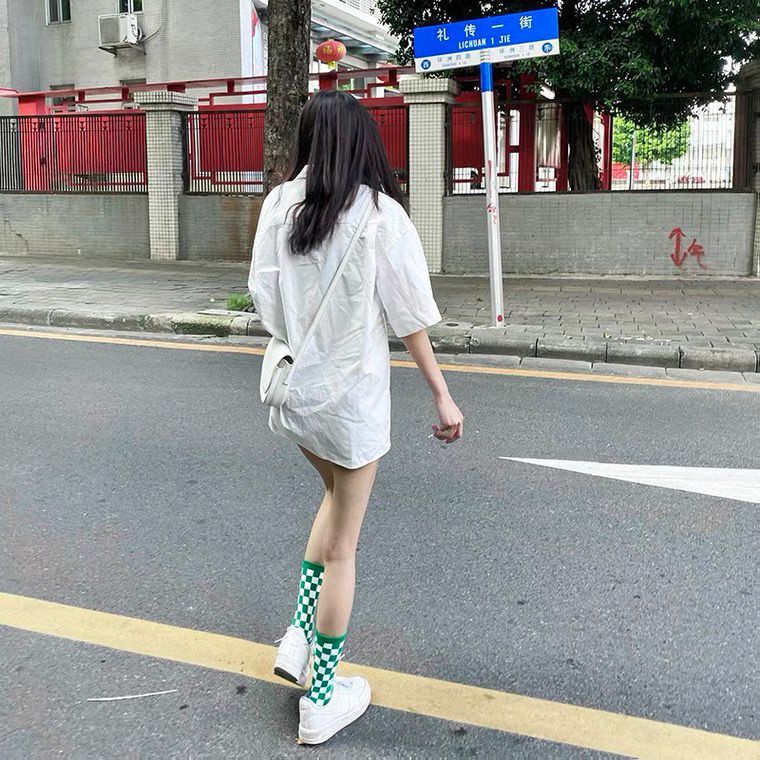Tất cổ cao nam nữ，vớ cổ cao thể thao trắng sọc ca rô chữ C thời trang Hàn Quốc