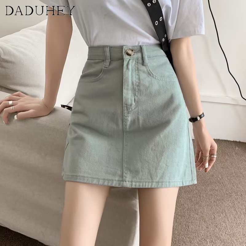 Chân váy DADUHEY lưng cao dáng chữ A vài denim màu xanh lá sáng thời trang phong cách Hàn Quốc cho nữ