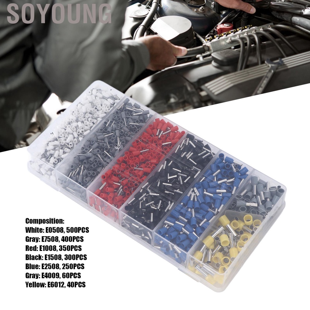 Soyoung 1900pcs Wire Ferrule Terminals Pin Type Copper Tin Plated 7 Sizes Insulated Cord Connectors Universal for Cars