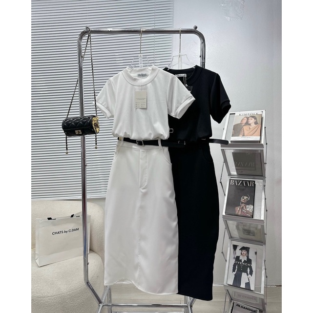 Set áo len tăm chân váy dài/ngắn kèm đai 2 màu Đen Trắng chuẩn mẫu