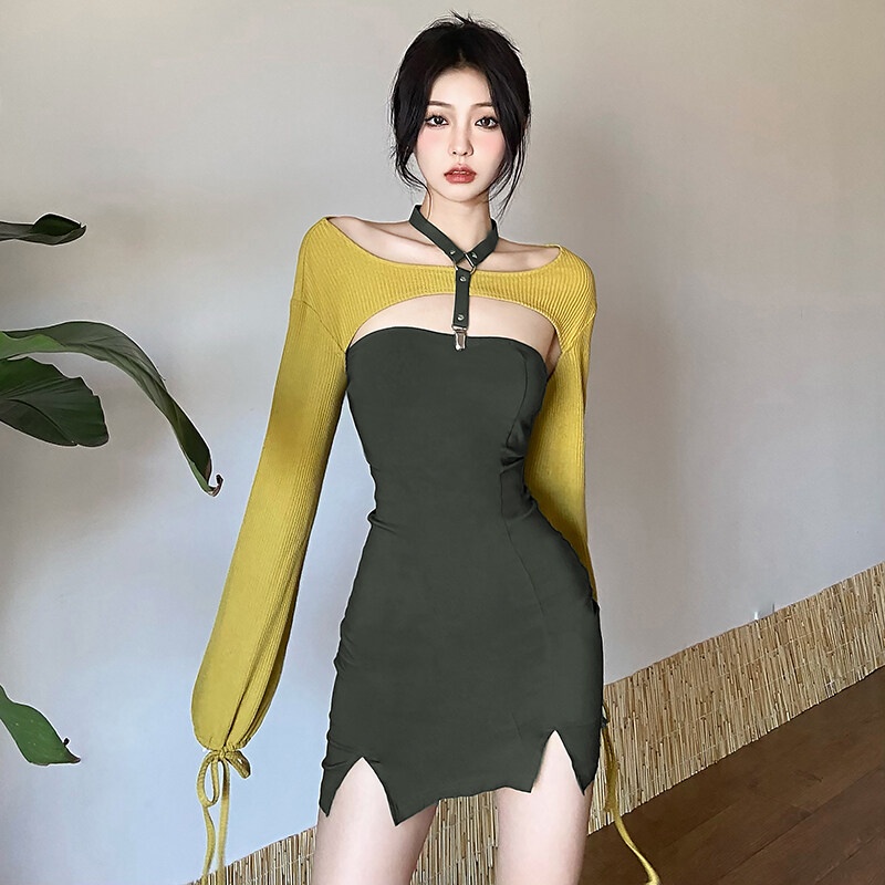 Kliou 2023 Mới  Đầm Dệt Kim Tay Dài Dáng Ôm Phong Cách Đường Phố Trẻ Trung Quyến Rũ Thời Trang Mới 2023 Dành Cho Nữ