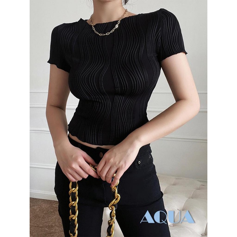 Áo Croptop Tay Ngắn Cổ Tròn Màu Trơn Thời Trang Mùa Hè Cho Nữ