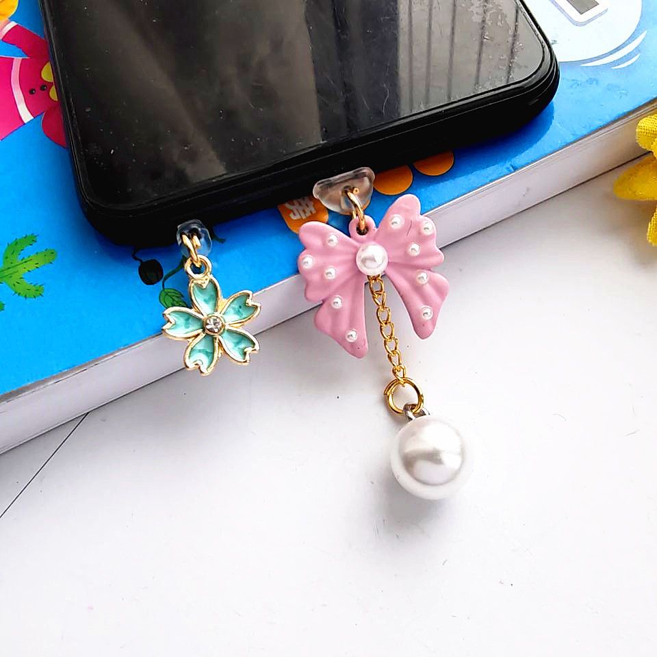 Nút Cắm Chống Bụi Kiểu Nơ Đính Ngọc Trai Dễ Thương Cho Điện Thoại Di Động