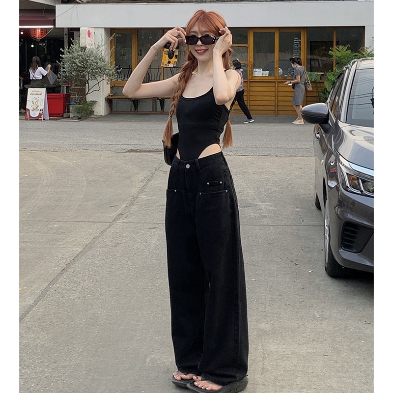 Quần Denim Ống Rộng Lưng Cao Thời Trang Dành Cho Nữ