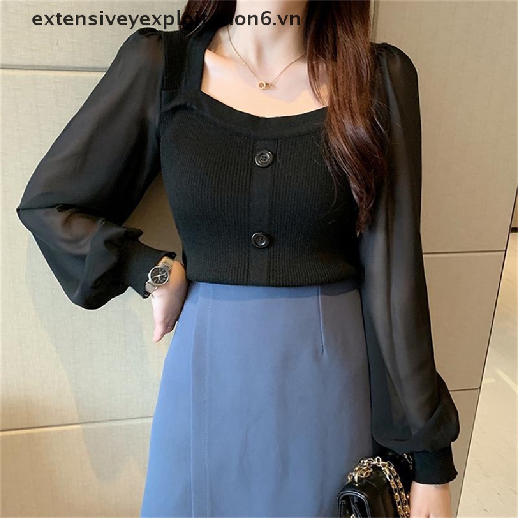 [EE] Áo Sweater Chui Đầu Dáng Ôm Tay Phồng Cổ Vuông Mùa Xuân Cho Nữ