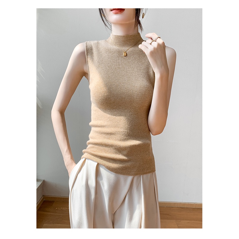 SUXI Áo Croptop Dệt Kim Sát Nách Cổ Cao Màu Sắc Đơn Giản Thời Trang Mùa Xuân Cho Nữ