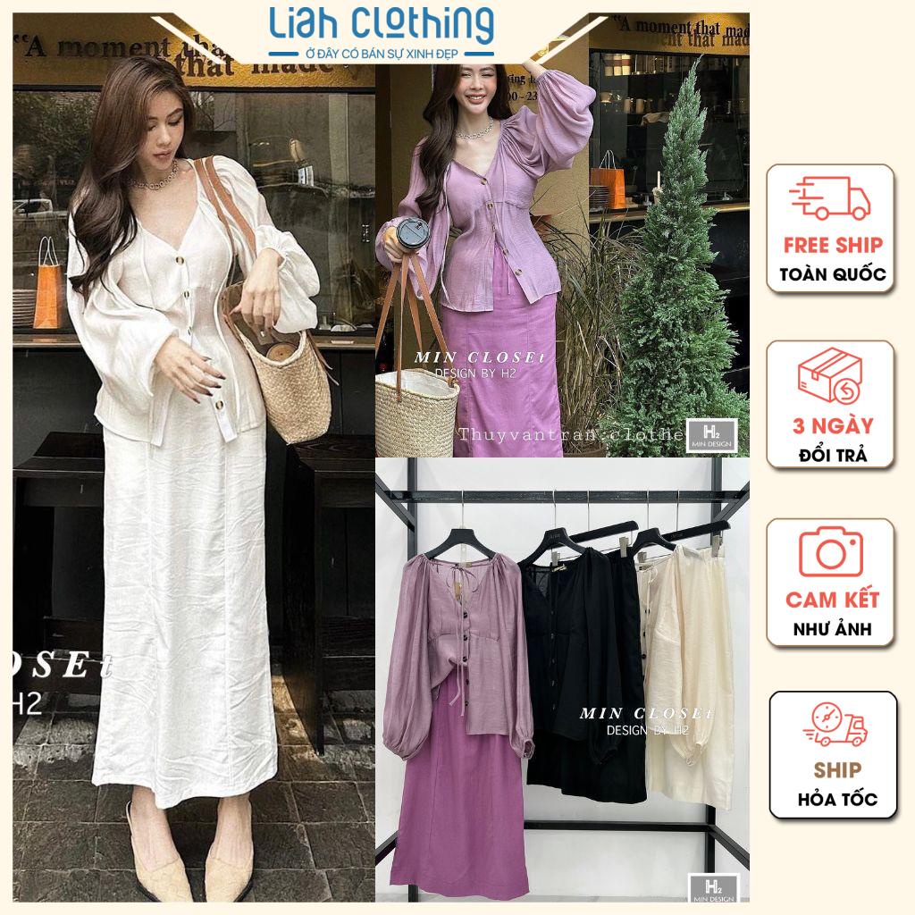 S3-182 | Set váy tơ cài khuy tay bồng mix chân váy bổ mảnh | Min design by H2 | Liah clothing