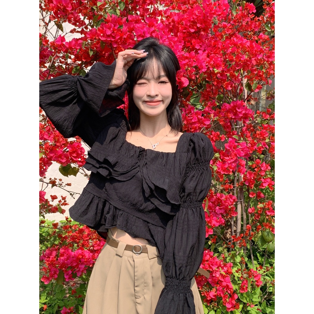 SUXI Áo Kiểu Tay Loe Dài Cổ Vuông Màu Sắc Đơn Giản Dễ Phối Đồ