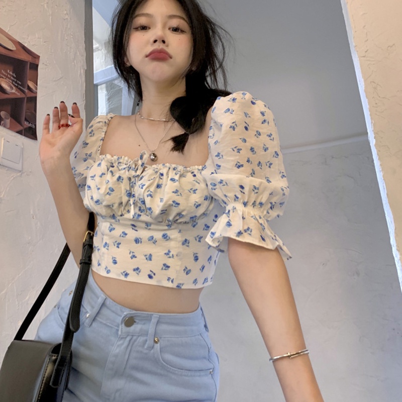 IELGY     Áo Kiểu Tay Phồng Cổ Vuông In Họa Tiết Hoa Phong Cách Pháp Thời Trang Cho Nữ