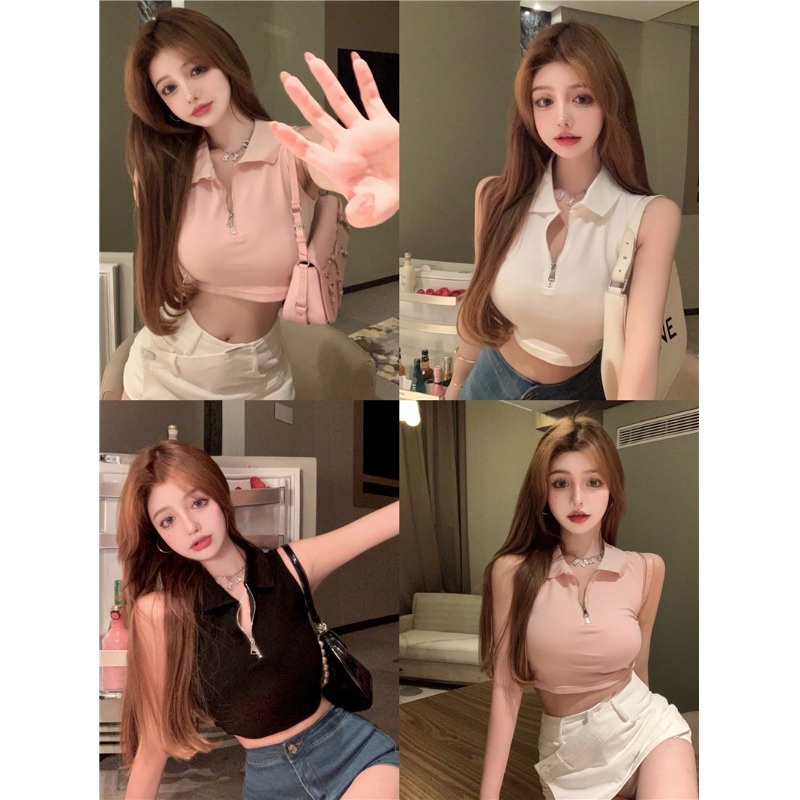 Áo croptop SUXI không tay cổ polo dáng ôm phong cách cổ điển thời trang mùa hè dành cho nữ