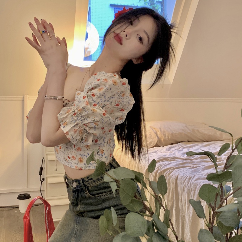 IELGY     Áo Kiểu Tay Phồng Cổ Vuông In Họa Tiết Hoa Phong Cách Pháp Thời Trang Cho Nữ