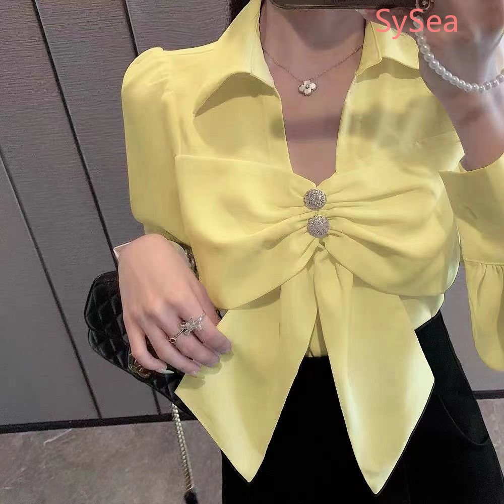 Áo Sơ Mi Tay Dài Cổ Chữ V Thắt Nơ Phong Cách Pháp Thời Trang Cho Nữ