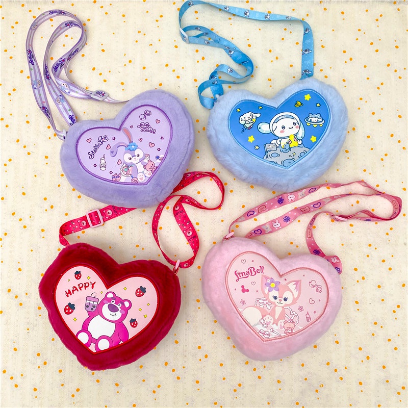 Túi đeo chéo Hình Trái tim in Gấu Hồng Lotso, Sanrio gấu Kuromi,...vải bông mềm mịn cho bé