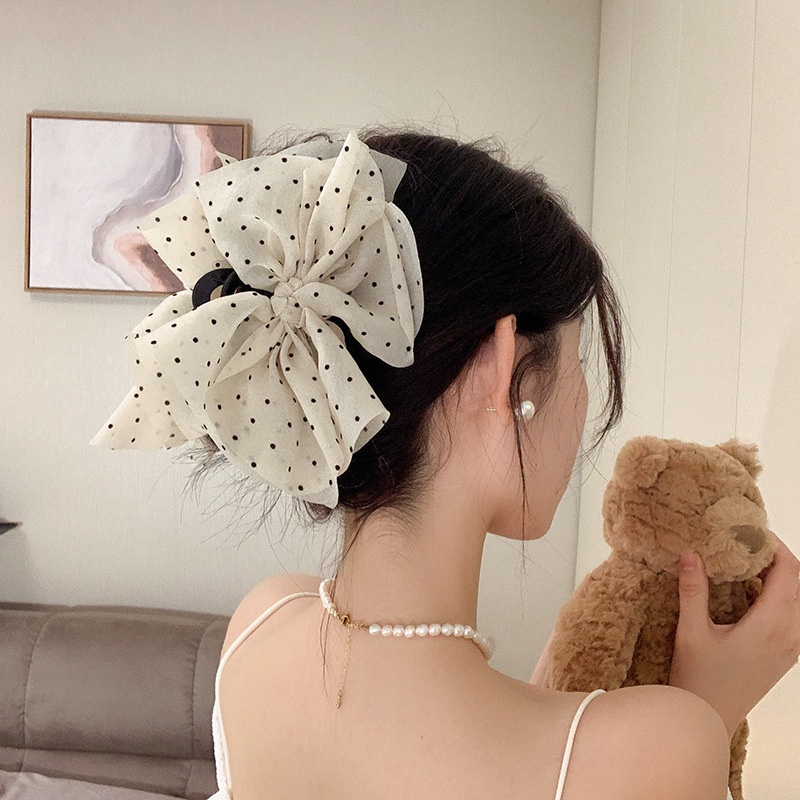 Kẹp Tóc Cá Mập Vải Gạc Chấm Bi Màu Hồng Kích Thước Lớn ins