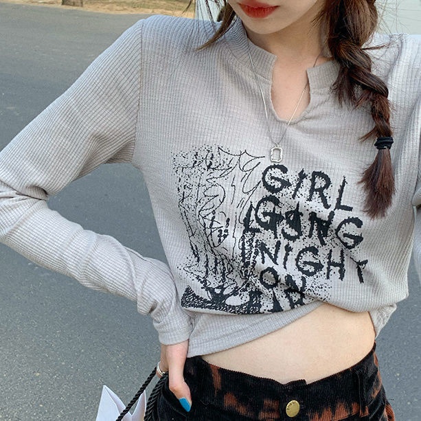 Áo Thun croptop Tay Dài Cổ Chữ V Thiết Kế Mỏng Mùa Thu Phong Cách Mới Cho Nữ