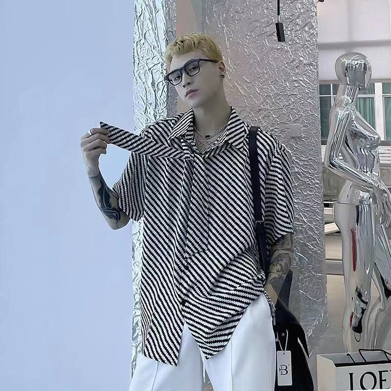Áo Sơ Mi Tay Ngắn Dáng Rộng Họa Tiết Kẻ Sọc Phong Cách Harajuku Thời Trang Mùa Hè Cho Nam