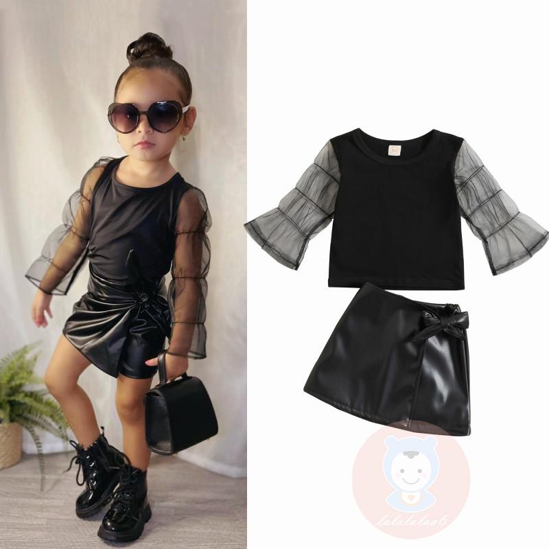 Bộ Áo Tay Dài Loe Phối Lưới + Chân Váy Da PU Mini Thời Trang Mùa Hè Cho Bé Gái 6-0 - 4 Tuổi