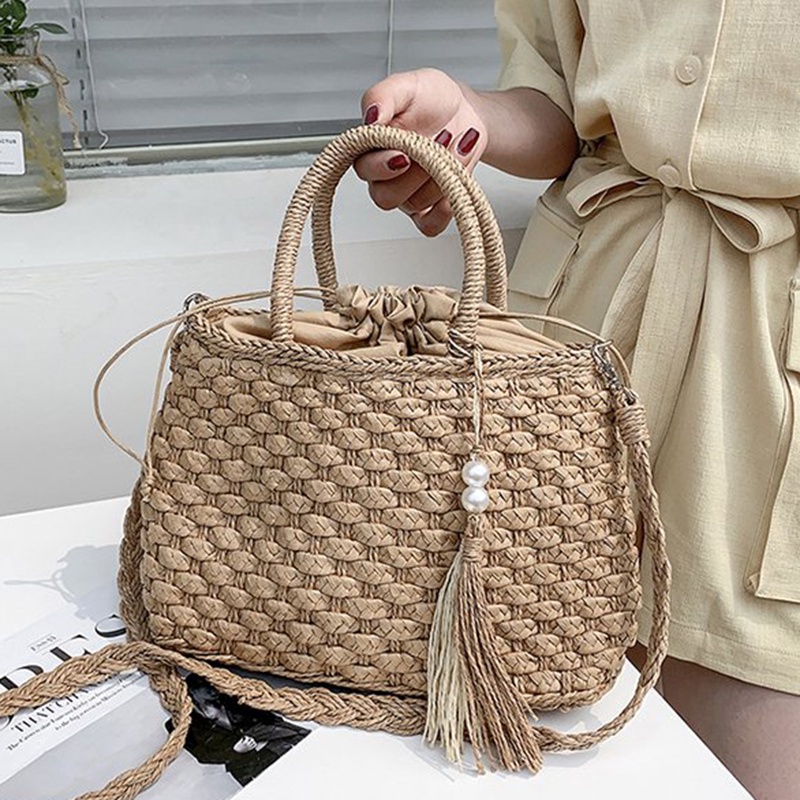 Túi Xách Đan Lát Sức Chứa Lớn Phối Tua Rua Phong Cách Hàn Quốc Cho Nữ