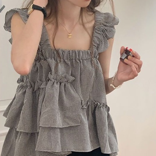 Áo Hai Dây Dáng Rộng Họa Tiết Sọc Caro Phong Cách Pháp Thời Trang Mùa Hè Cá Tính