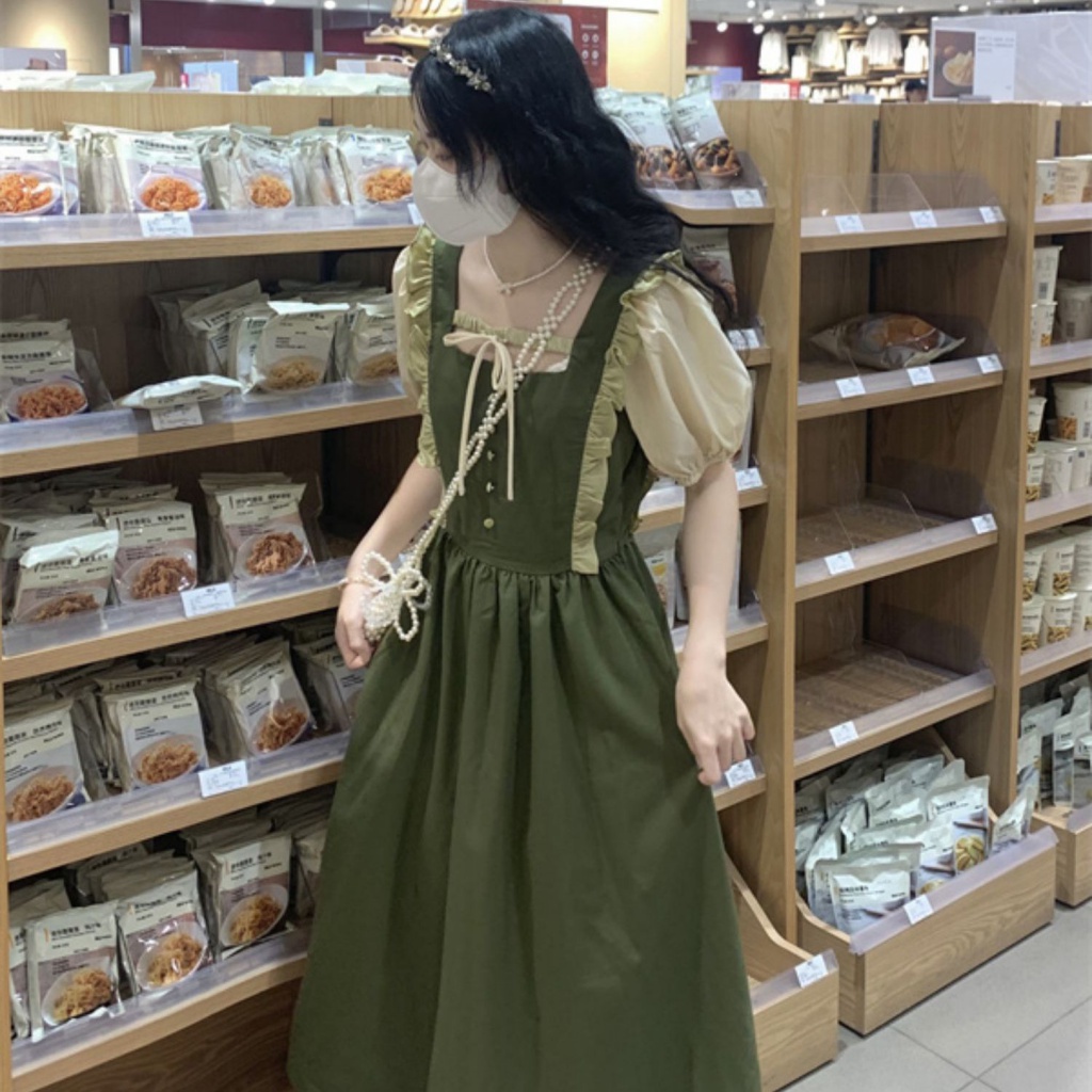 ✨Hàng Có Sẵn Đầm Hàng Có Sẵn✨Set Áo Tay Phồng + Chân Váy Giả Hai Lớp Màu Sắc Tương Phản Phong Cách Hàn Quốc Thời Trang Mùa