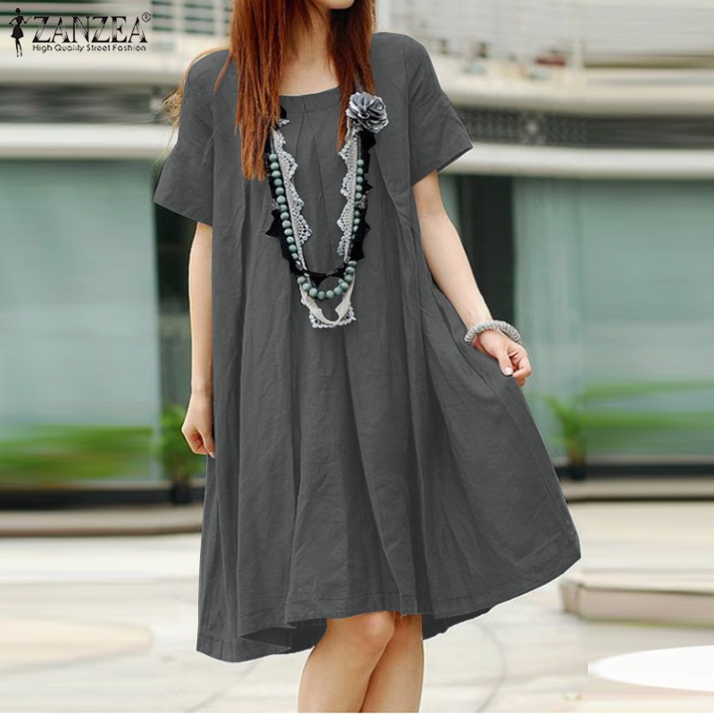 Đầm ZANZEA dáng rộng cổ tròn tay ngắn thiết kế xếp ly phong cách Hàn Quốc thời trang dành cho nữ