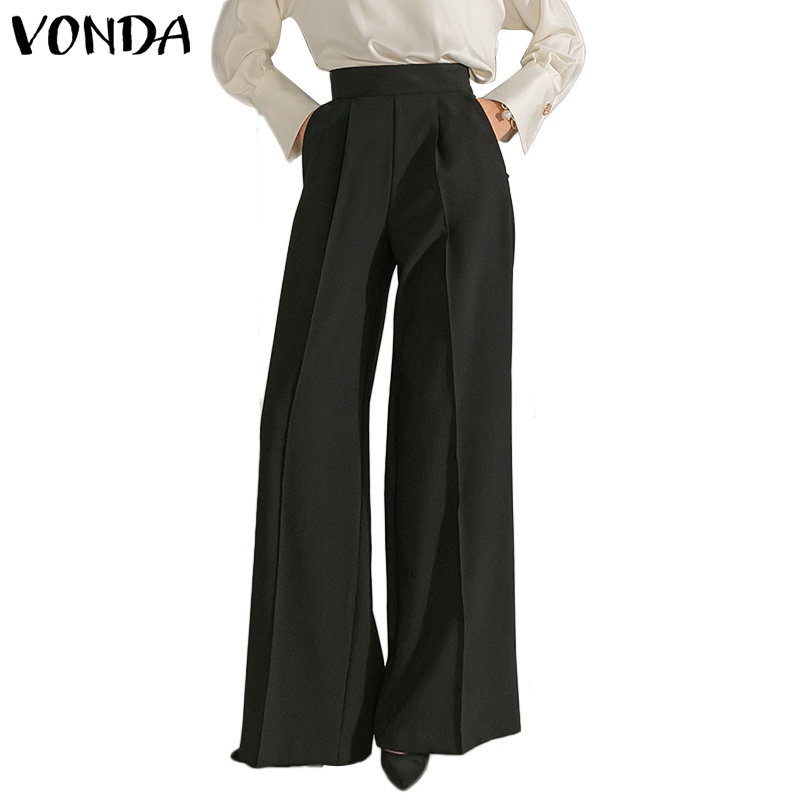 Quần dài VONDA lưng cao màu trơn có túi bên hông phối khóa kéo phong cách Hàn Quốc thời trang cao cấp cho nữ