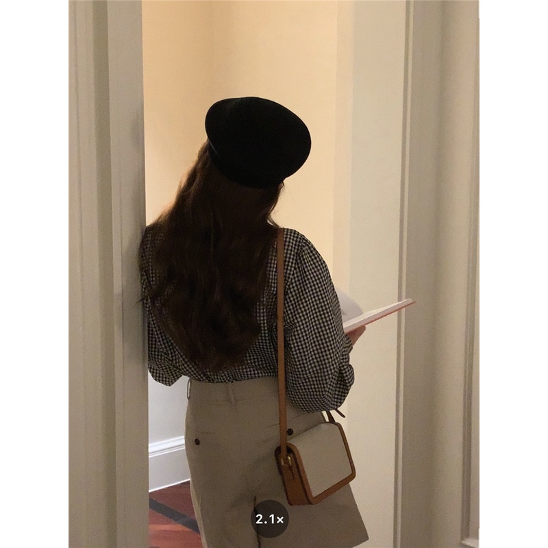 Áo Sơ Mi Nữ Tay Dài Họa Tiết Caro Màu Sắc Tương Phản Phong Cách Hàn Quốc