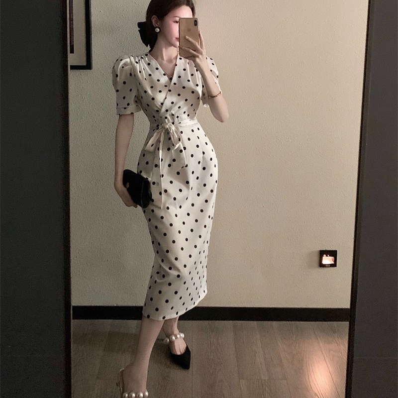 IELGY  Đầm Tay Phồng Họa Tiết Chấm Bi Cột Dây Phong Cách Pháp Thanh Lịch Cho Nữ