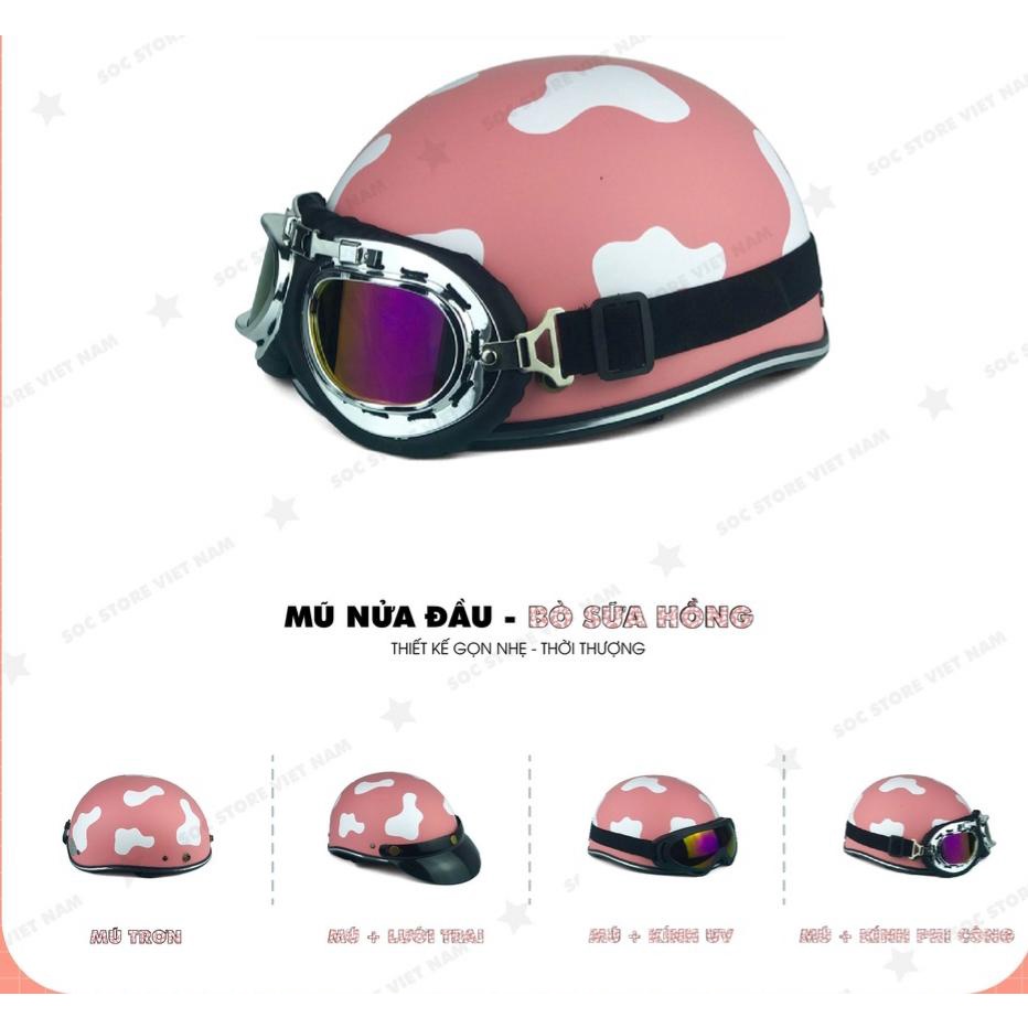 Mũ Bảo Hiểm nửa đầu cute có kính Tem Bò Sữa đẹp nhiều màu - Nón Chất Lượng