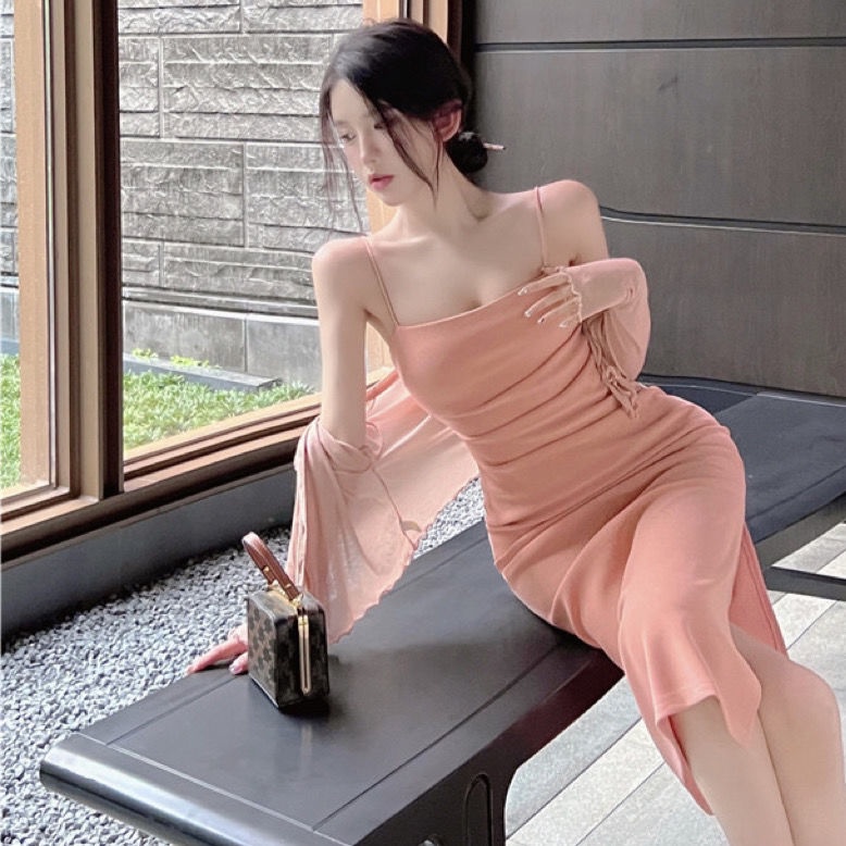 New elegant French gentle dress set with flesh-covering suspender skirt slimming hip-covering long skirt short coat OKBC